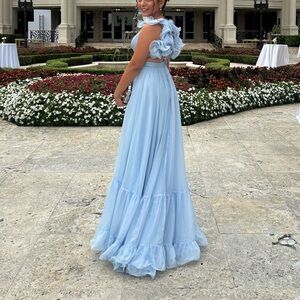 Mac Duggal Blue Ruffle Tiered Cut-Out Chiffon Gown